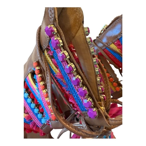 Schutz X Revolve CALLA Lace-Up Multi-Color Tassel Bamboo Brown Block Heel Size 8 - Picture 9 of 16